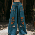 Women's Retro Linen Bohemian Ethnic Flowers Print Long Loose Wide-leg Trouser Pants artswardrobe