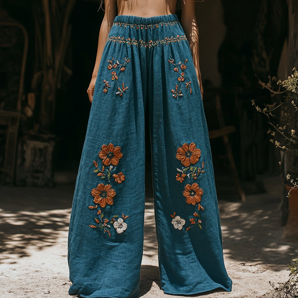 Women's Retro Linen Bohemian Ethnic Flowers Print Long Loose Wide-leg Trouser Pants artswardrobe