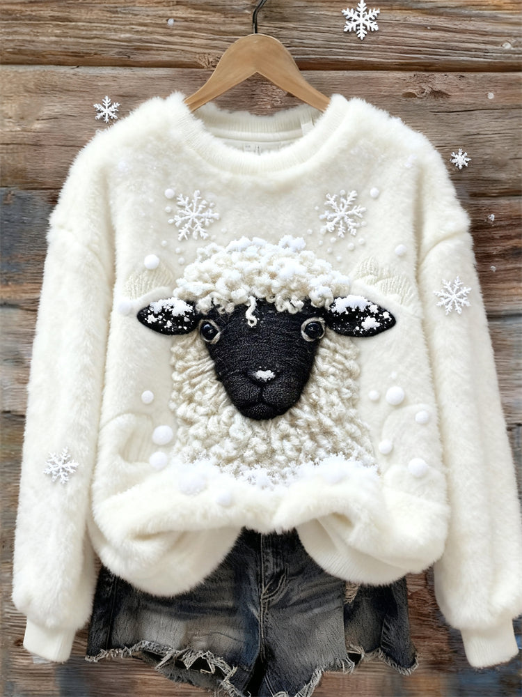 Comstylish Farm Sheep & Snow Embroidered Cozy Plush Sweatshirt