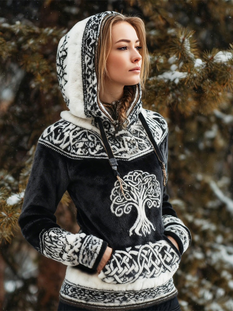 Comstylish Viking Tree Of Life Pattern Design Women's Flannel Hooded Sweatshirt