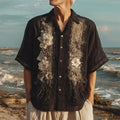Vintage Boho Lace Floral Art Men's Linen Short Sleeve Shirt artswardrobe