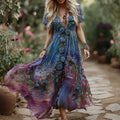 Women's Vintage Blue Rose Floral Embroidery Gradient Casual Dress artswardrobe