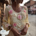 Comstylish Bohemian Style Plant And Flower Embroidery Women's Round Neck Long Sleeve Cotton And Linen Top