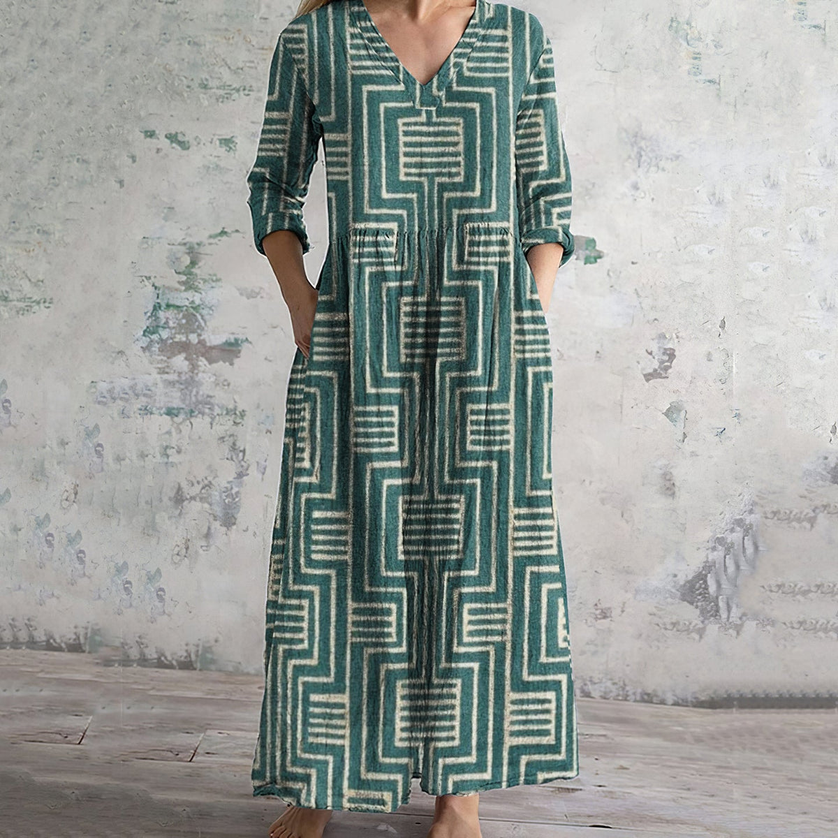 Vintage Geometric Print V-neck Linen Blend Midi Dress artswardrobe