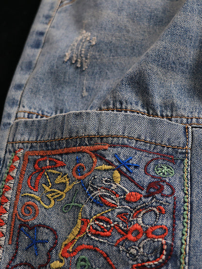 Summer Retro Embroidery Spliced Burrs Denim Pants
