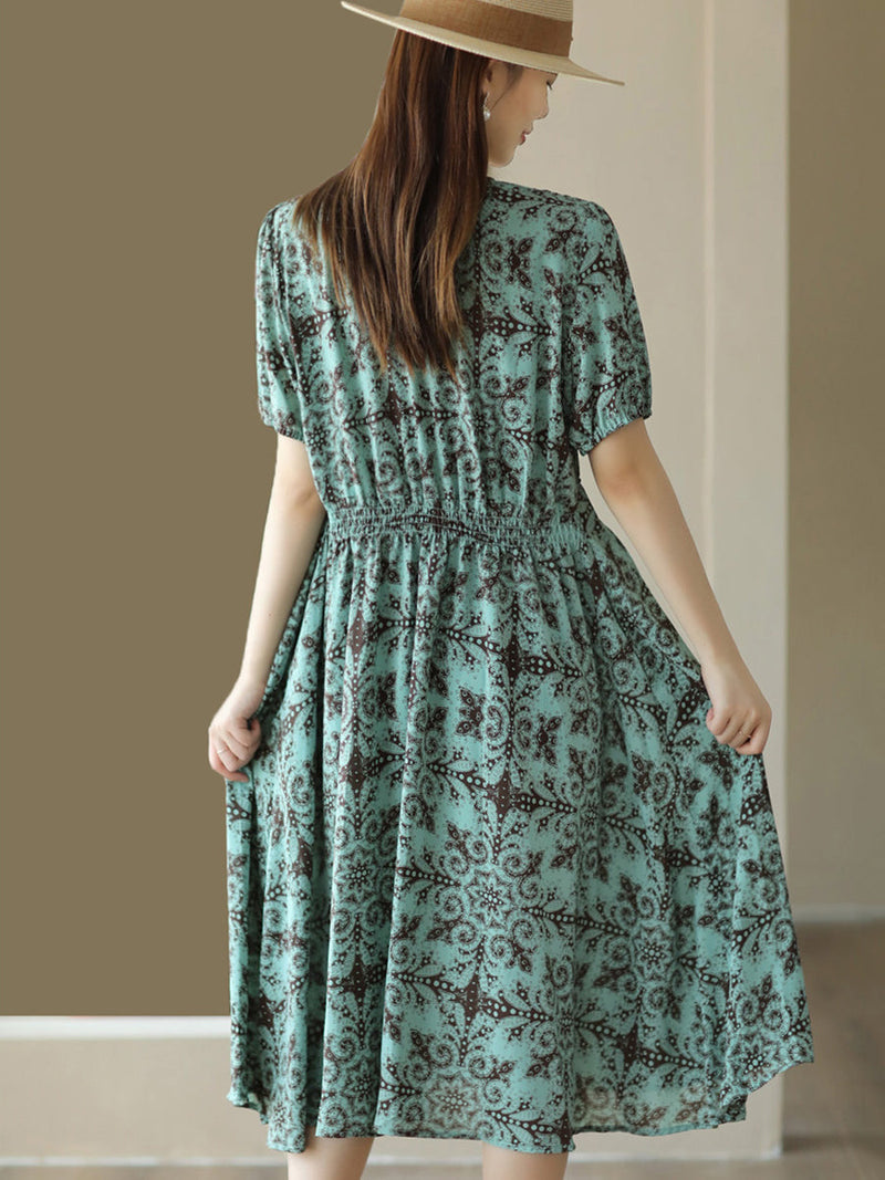 Summer Artsy Flower V-neck High Waist Dress