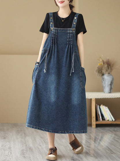 Summer Retro Pleat Drawstring Pocket Denim Dress