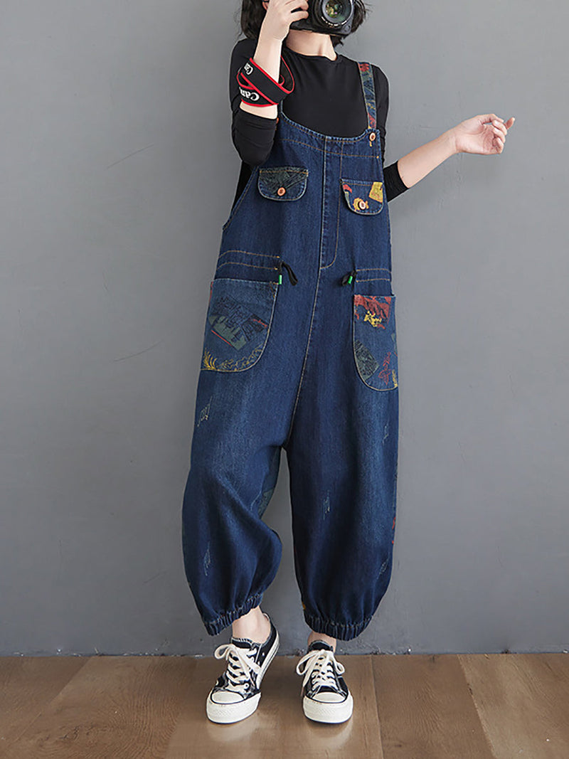 Retro Print Pocket Loose Spliced Denim Jumpsuits