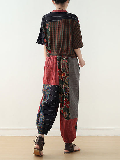 Summer Patchwock Drawstring Linen Jumpsuits
