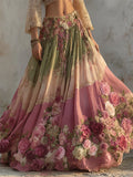 Boho Pink Roses Forest Colorblock Flowy Wide Skirt artswardrobe