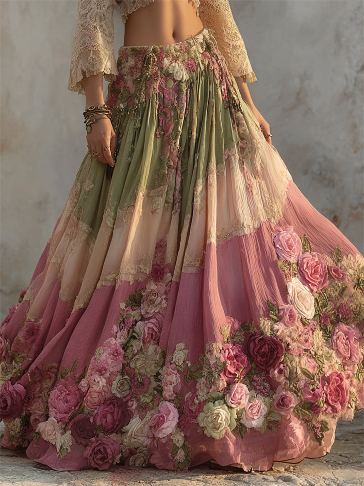 Boho Pink Roses Forest Colorblock Flowy Wide Skirt artswardrobe