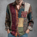 Western Style Bohemian Plant Flower Pattern Color Block Patchwork Retro Cotton And Linen Men's Shirt artswardrobe