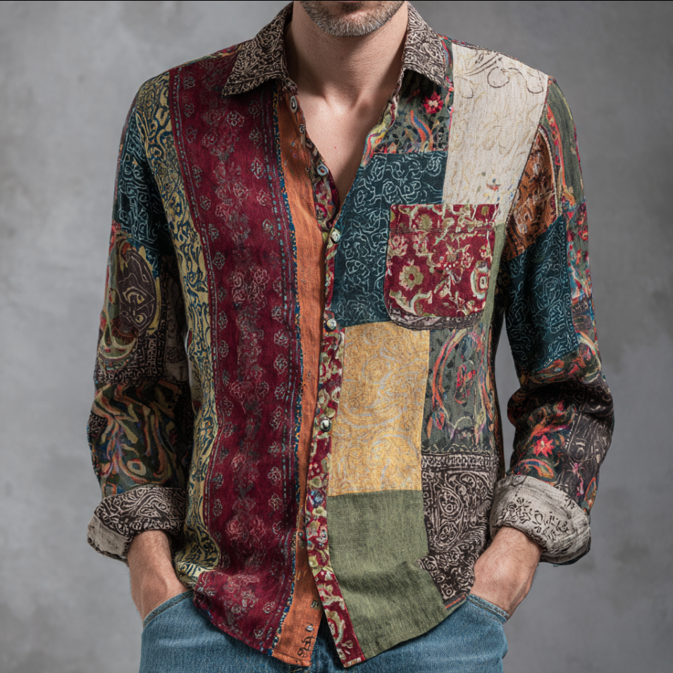 Western Style Bohemian Plant Flower Pattern Color Block Patchwork Retro Cotton And Linen Men's Shirt artswardrobe