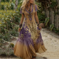 Women's Vintage Floral Embroidery Gradient Pattern V-neck Dress artswardrobe