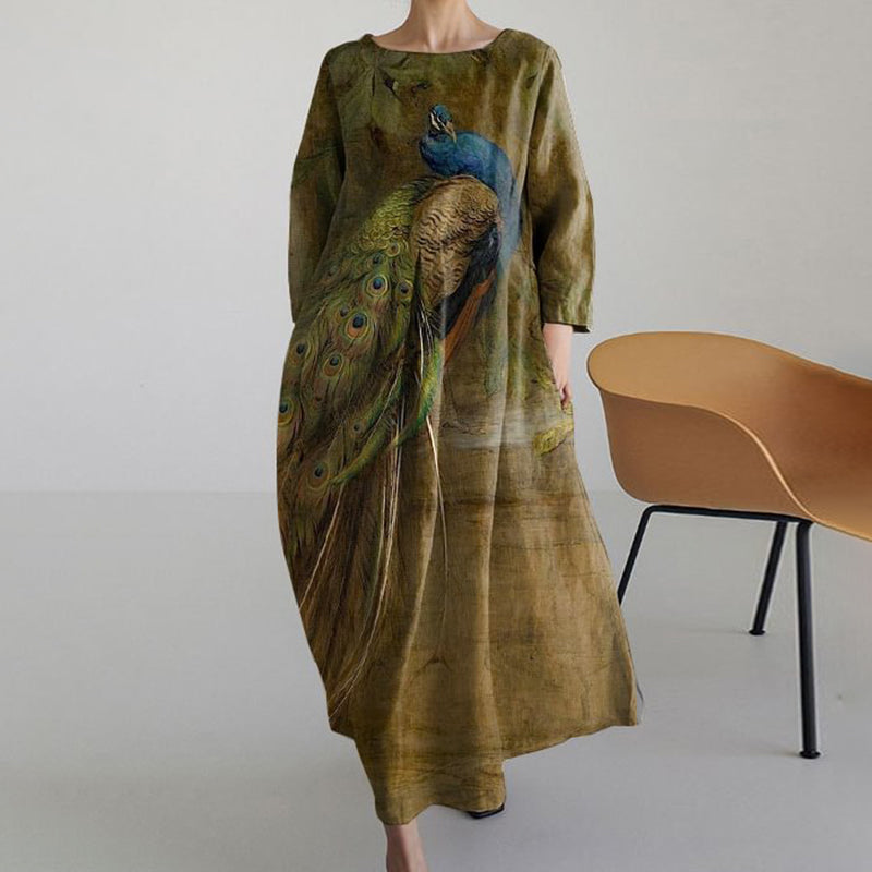 Comstylish Japanese Peacock Art Vintage Long Sleeve Midi Dress