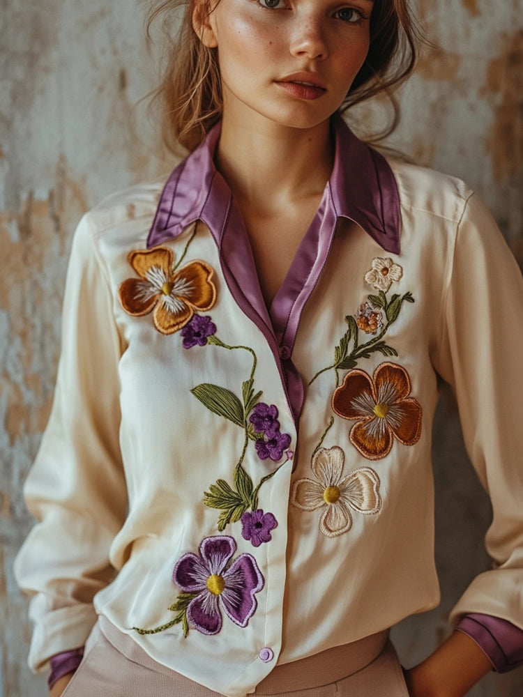 Comstylish Women's Pansy Flowers Embroidered Soft Silk Shirt