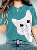 Cute White Cat Art Print Casual T-Shirt elevenforest