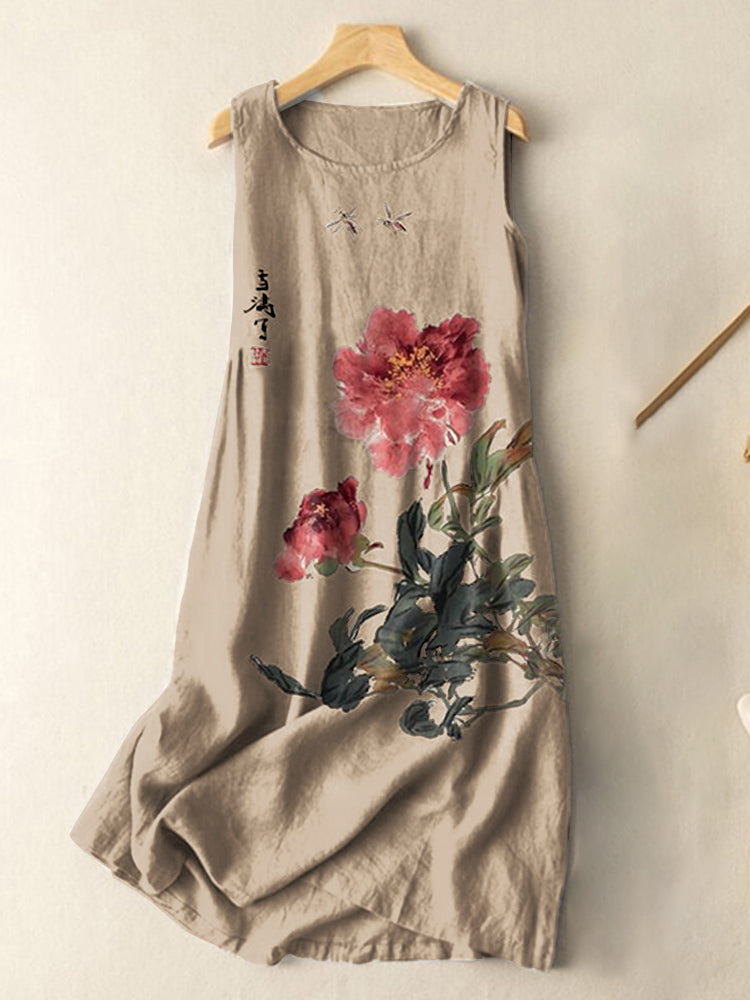 Comstylish Vintage Japanese Ink Flower Calligraphy Art Print Sleeveless Cotton And Linen Midi Dress