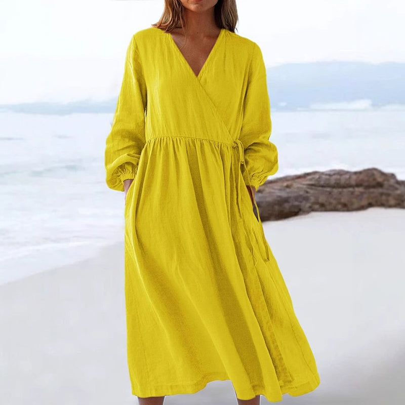 Casual Pleated Wrap V Neck Linen Midi Dress artswardrobe