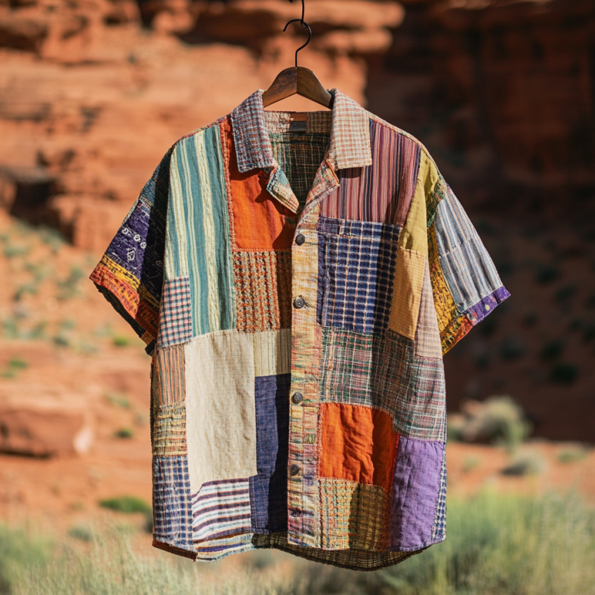 Men's Retro Patchwork Contrast Color Linen Shirt artswardrobe