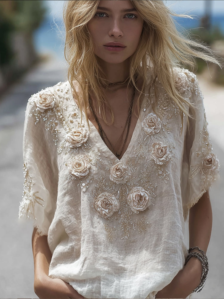 Bohemian-style White Rose Short-sleeved Shirt artswardrobe