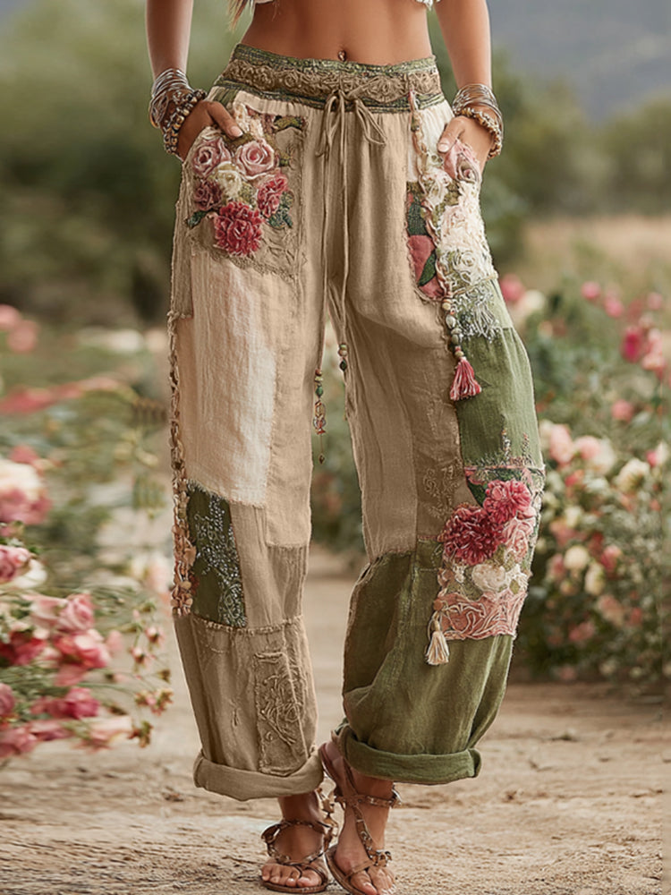 Love & Health Collection Retro Rose And Floral Patchwork Art Linen Pants artswardrobe