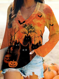 Black Cat Print V-Neck Long Sleeve T-Shirt elevenforest