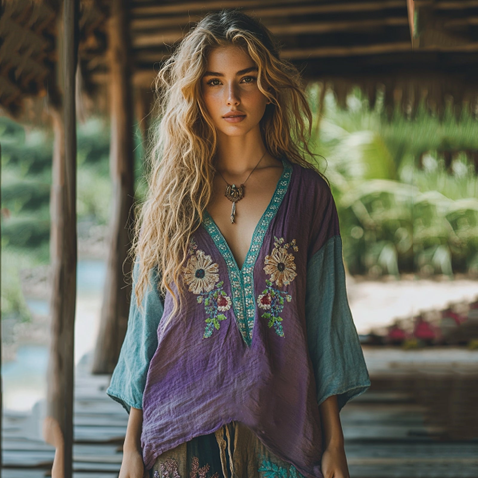 Retro Boho Tribal Floral Art Embroidery Print Cotton And Linen V-neck Loose Shirt artswardrobe