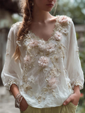 Comstylish Bohemian Style Three-dimensional Flower Pattern Women's V-neck Long-sleeve Cotton And Linen Shirt