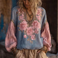 Comstylish Boho Floral Embroidery Art Women's Long Sleeve Shirt