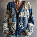 Vintage Floral Japanese Sashiko Colorblock Cozy Knit Cardigan