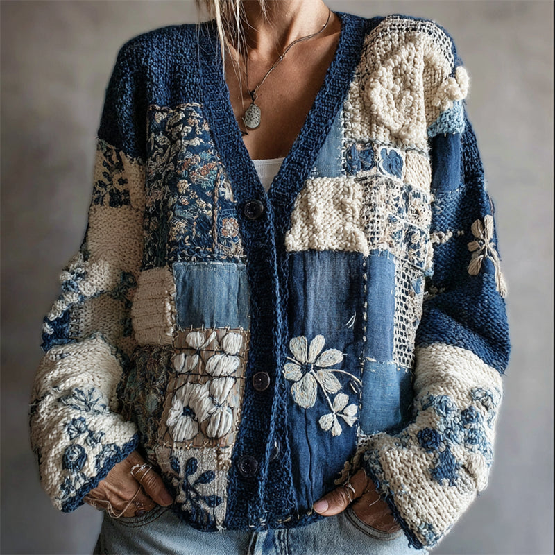 Vintage Floral Japanese Sashiko Colorblock Cozy Knit Cardigan