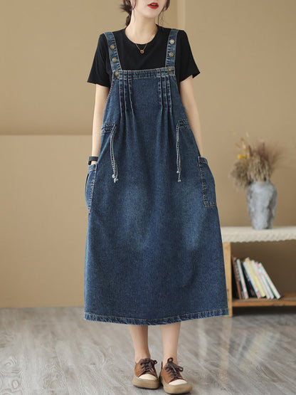 Summer Retro Pleat Drawstring Pocket Denim Dress