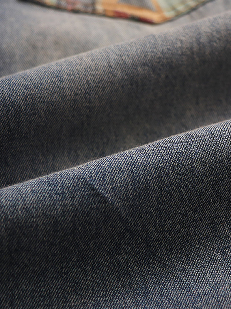 Summer Retro Embroidery Spliced Burrs Denim Pants