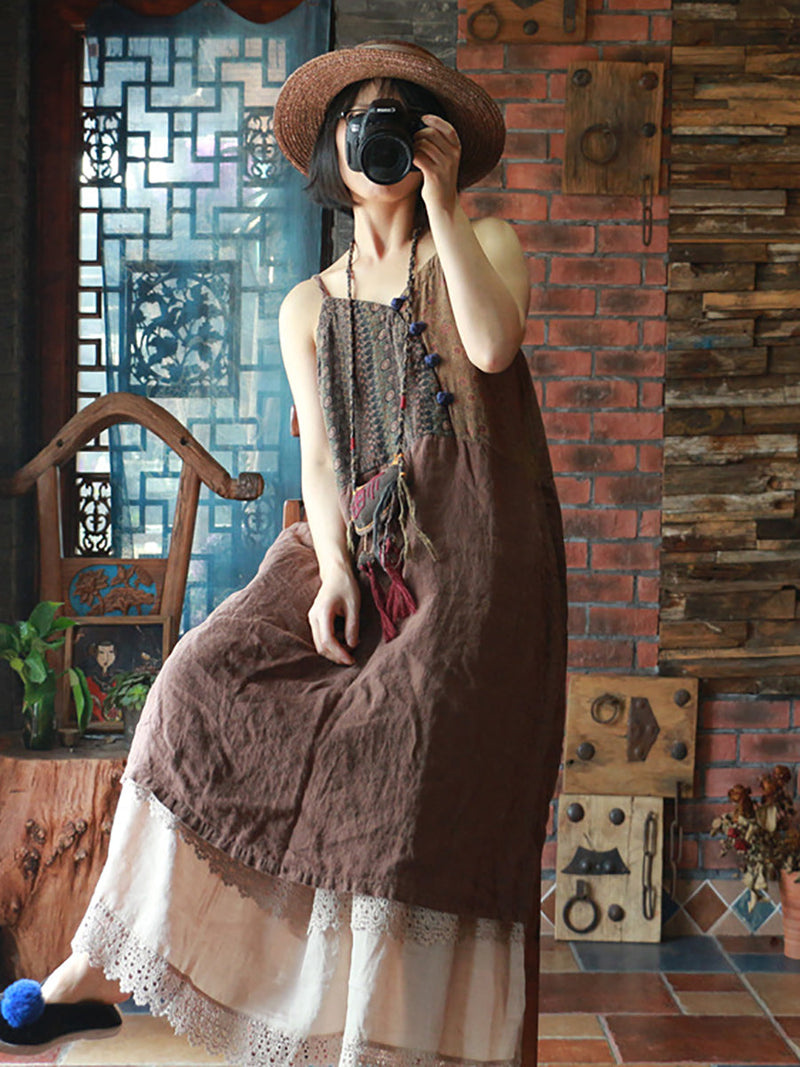 Retro Spliced Frog V-neck Slip Dress