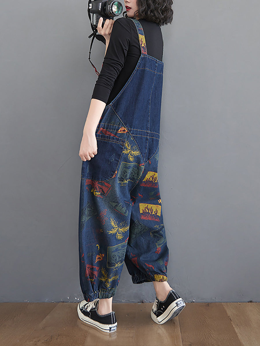 Retro Print Pocket Loose Spliced Denim Jumpsuits