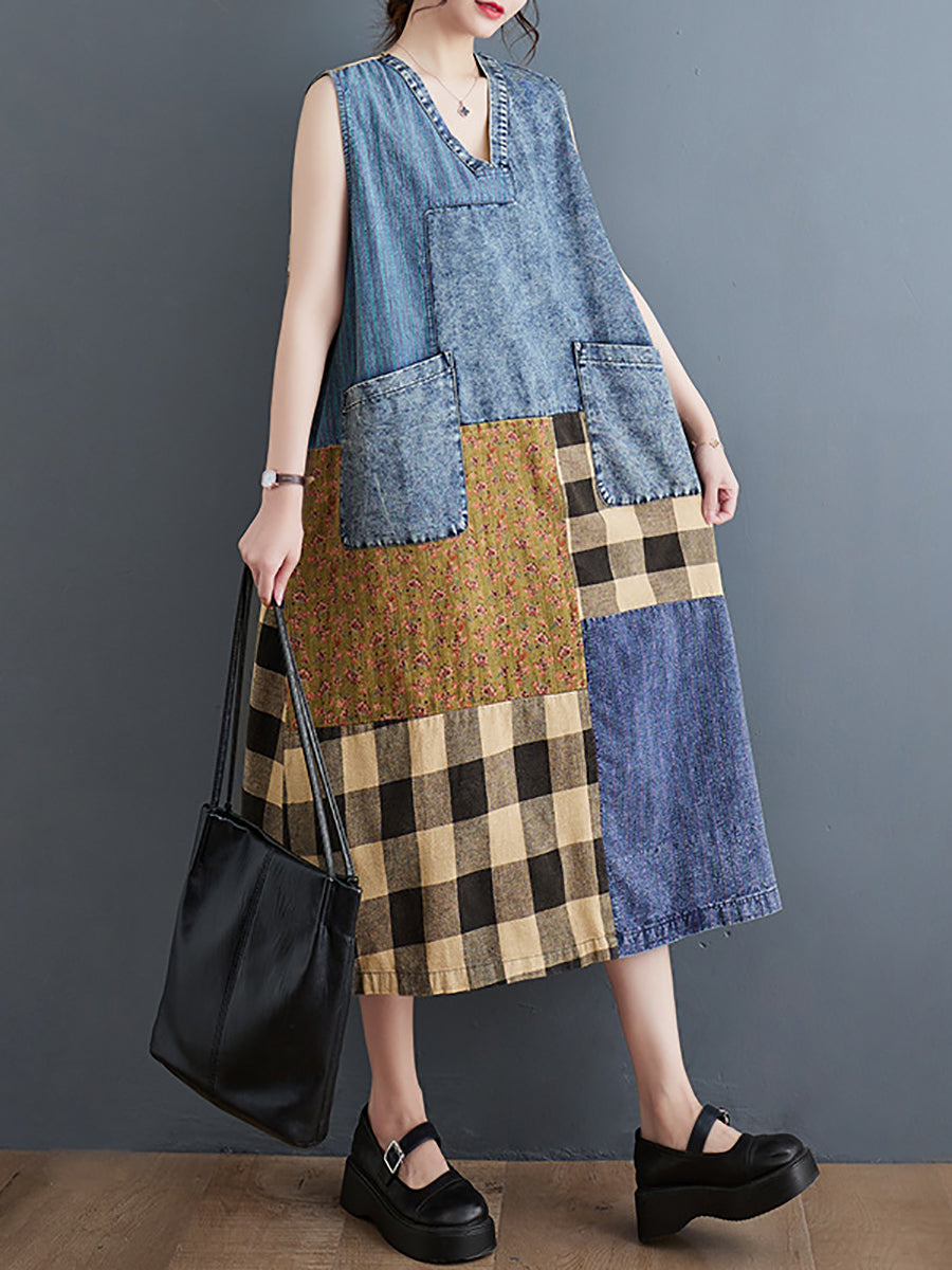 Summer Patch Spliced Pocket Denim Vest Dress