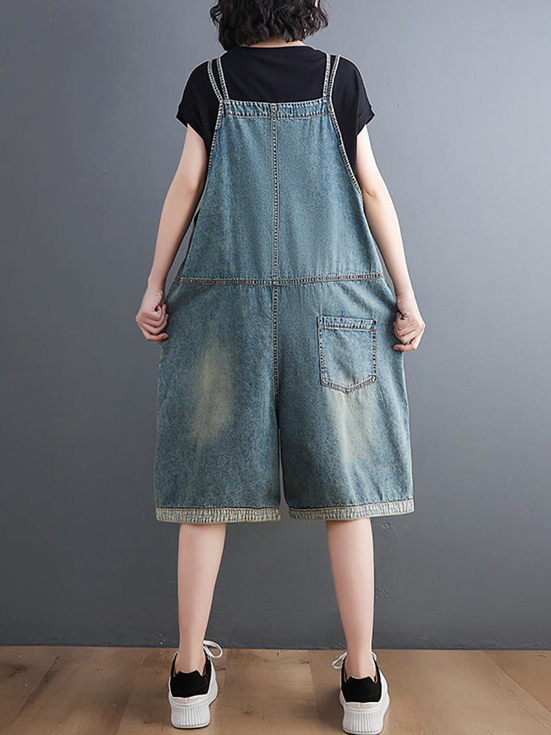 Washed Pocket V-neck Denim Jumpsuits