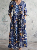 Women's Elegant Vintage Floral Pattern Cotton Dress With Pockets