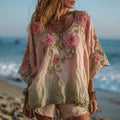 Women's Vintage Rose Gradient Art V Neck Linen Comfy T-shirt artswardrobe