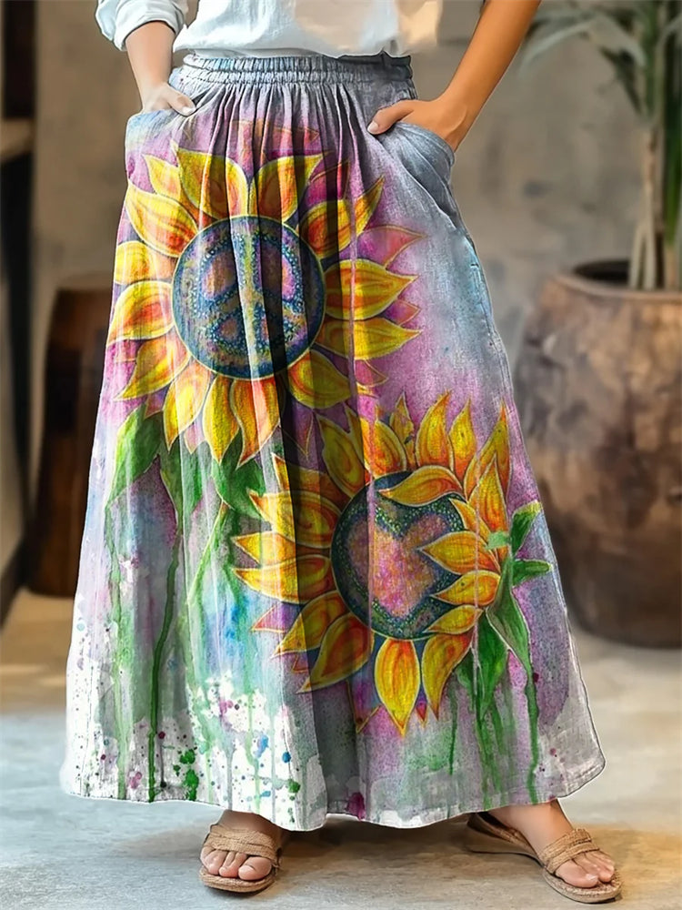 Women's Watercolor Sunflower Hippie Art Print Cotton Skirt artswardrobe