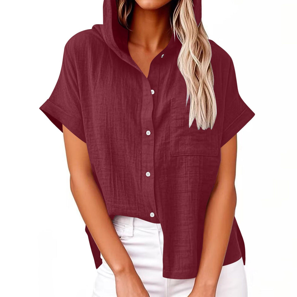 Women's Solid Color Linen Vintage Hooded Shirt artswardrobe