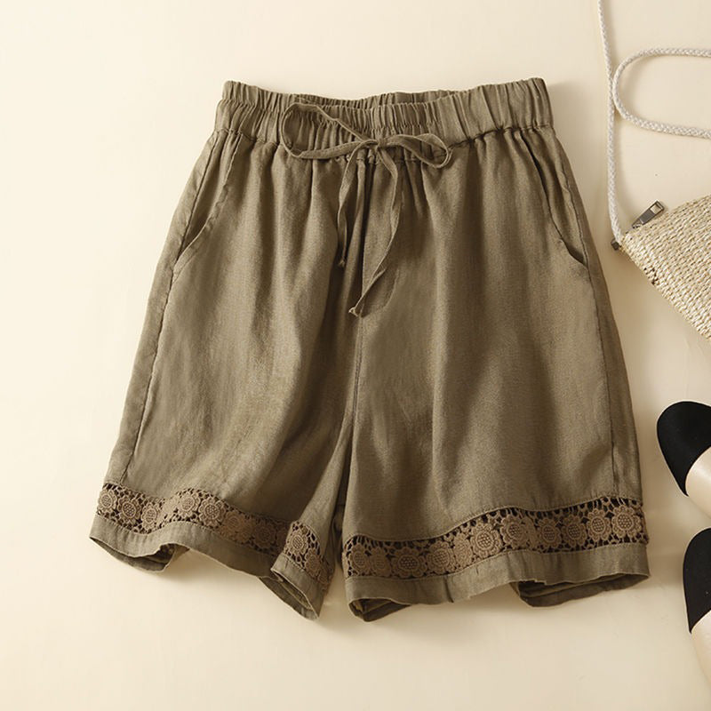 Women's Retro Solid Color Lace Elastic Waist Cotton And Linen Shorts artswardrobe