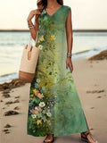 Women's Floral Art Print V-Neck Sleeveless Cotton Pocket Dress
