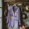 Retro Bohemian Holiday Style Linen Floral Print  Long Sleeve Shirt artswardrobe