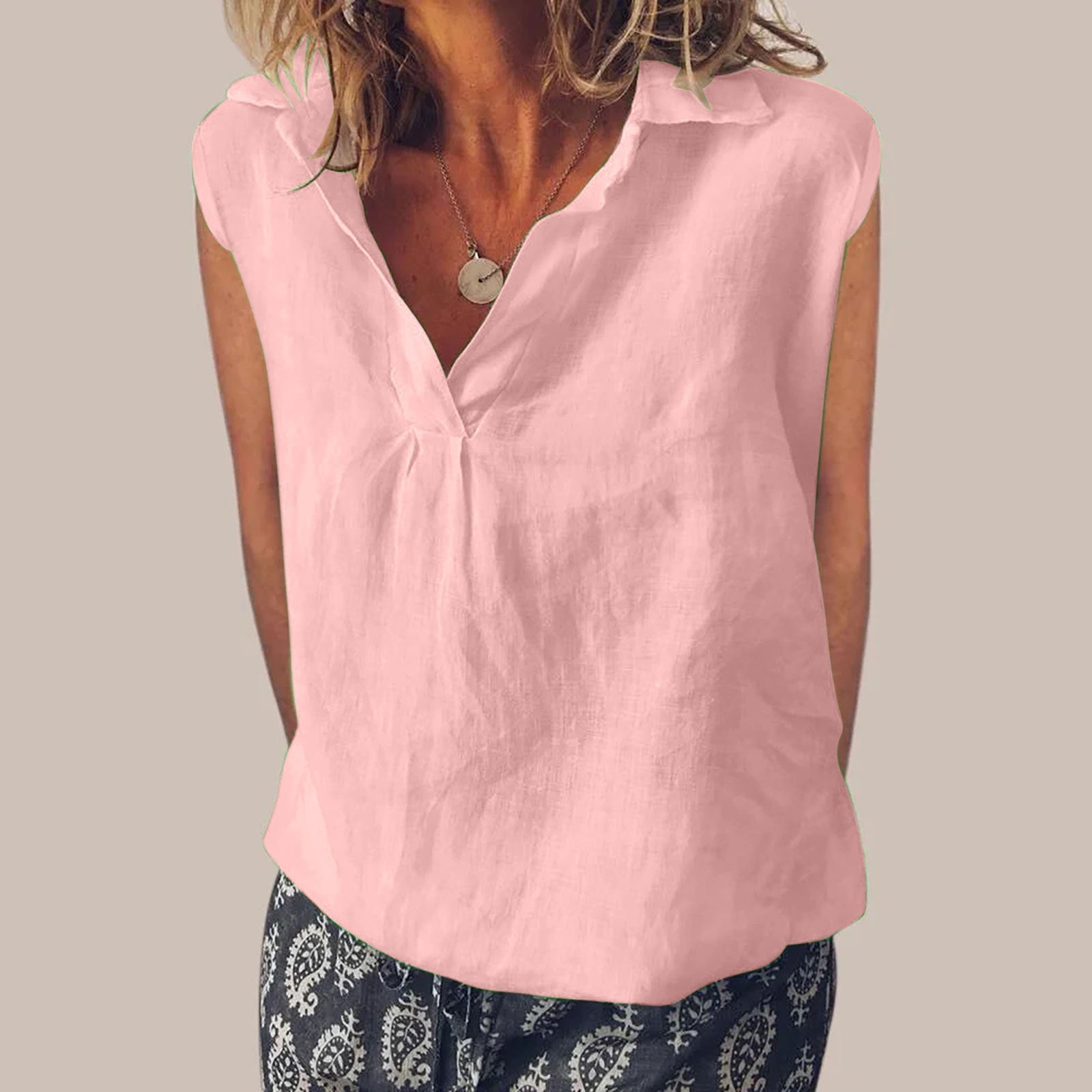 Comstylish Vintage Solid Color V Neck Cotton Linen Comfy Shirt
