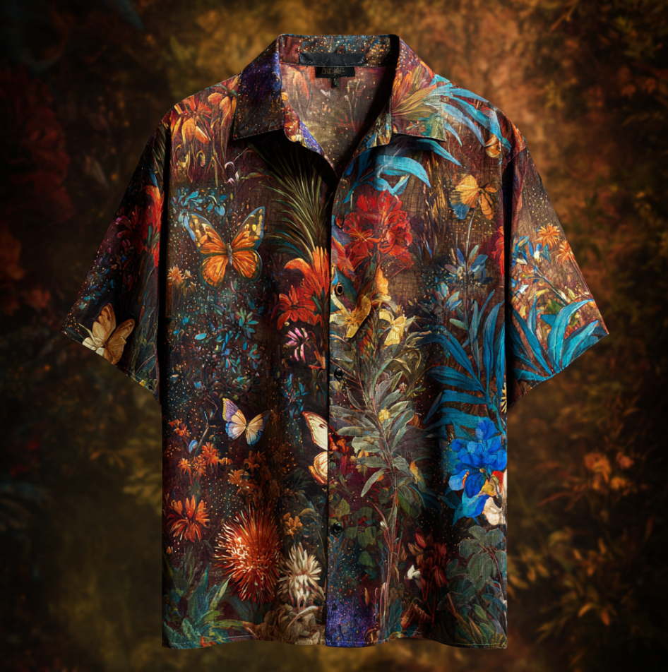 Bohemian Style Plant And Flower Pattern Men's Retro Cotton And Linen Shirt artswardrobe