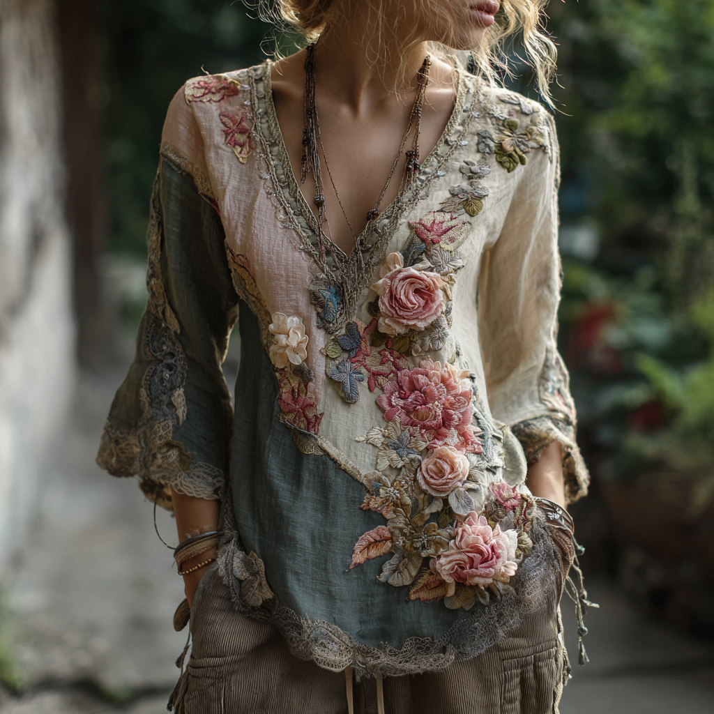 Women's Vintage Rose Floral Linen T-shirt artswardrobe