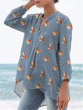 Petite Foxes Repeat Pattern Printed Women's Casual Linen V-Neck Shirt