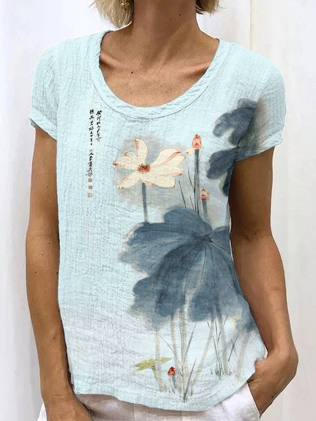 Comstylish Japanese Retro Orchid Ink Wash Painting Art Linen Casual T-Shirt